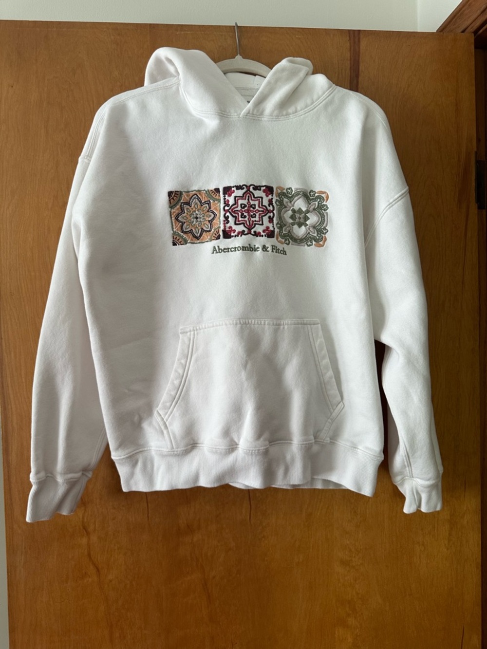 Abercrombie & Fitch White Hoodie with Embroidered Tile Mosaic
